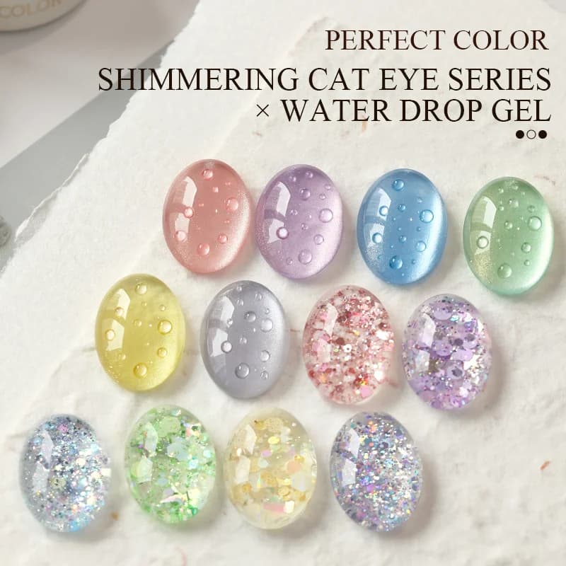 PERFECT COLOR Cat Eye & Glitter Gel Polish Set with Water Drop Gel & Top Coat, Magnetic Shimmer, UV LED Cure, 3D Nail Art