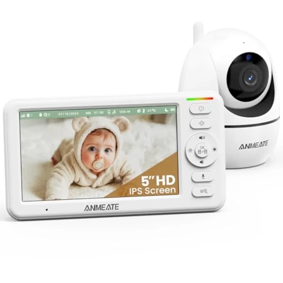 Baby Monitor con Telecamera e Audio 720P, Telecamera per Bambini Senza WiFi, Display HD 5 Pollici, Rotazione e Inclinazione Remota, Zoom, 48 Ore di Autonomia, Visione Notturna HD