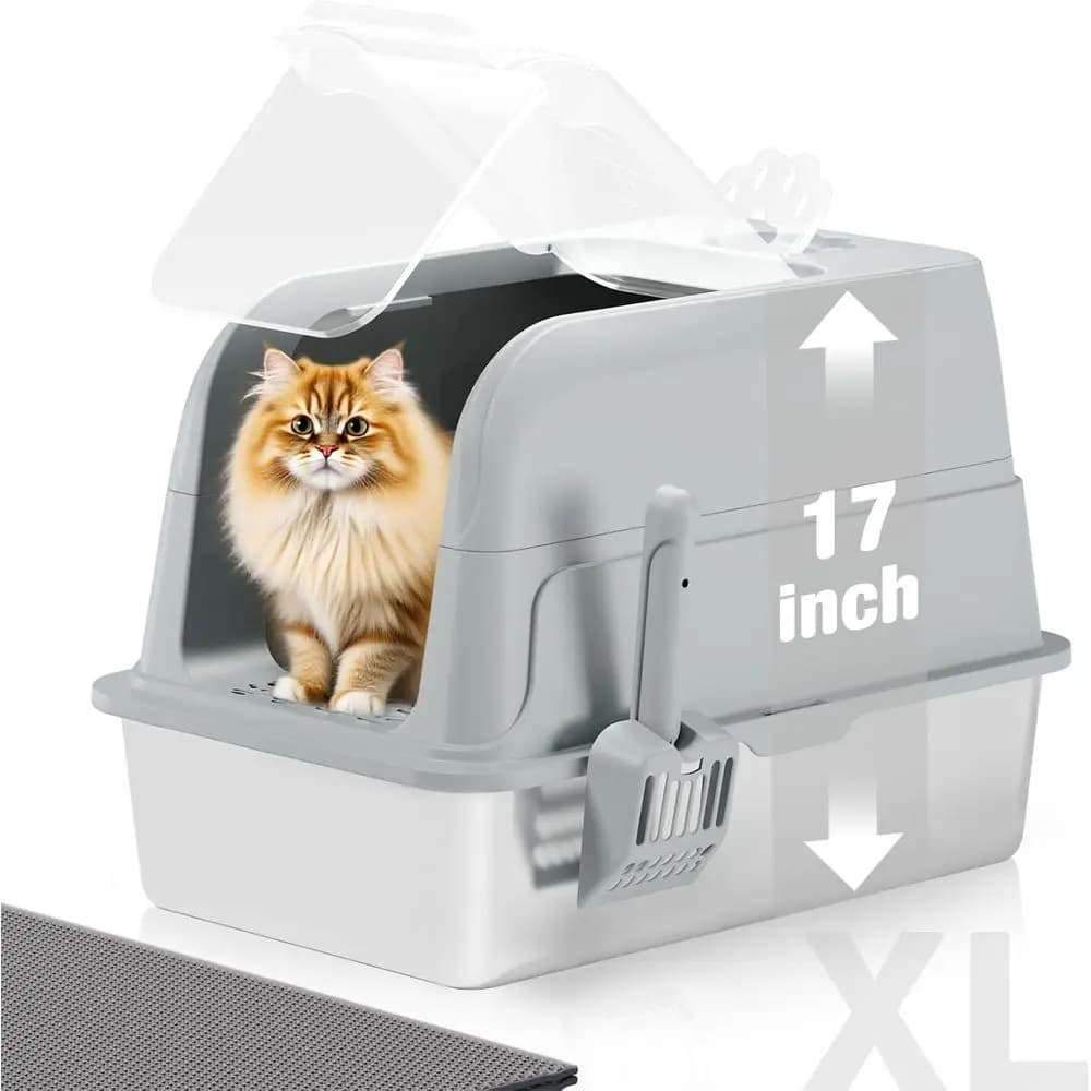 Lettiera per Gatti Extra Large in Acciaio Inossidabile con Coperchio Trasparente, Paletta e Tappetino - Grigio