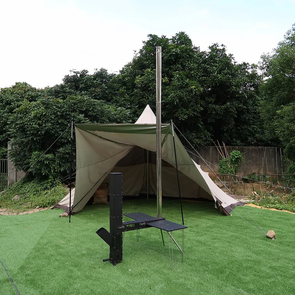 New camping equipment for outdoor survival: Rough stove for cooking, heating for tent, wood stove with metal frame