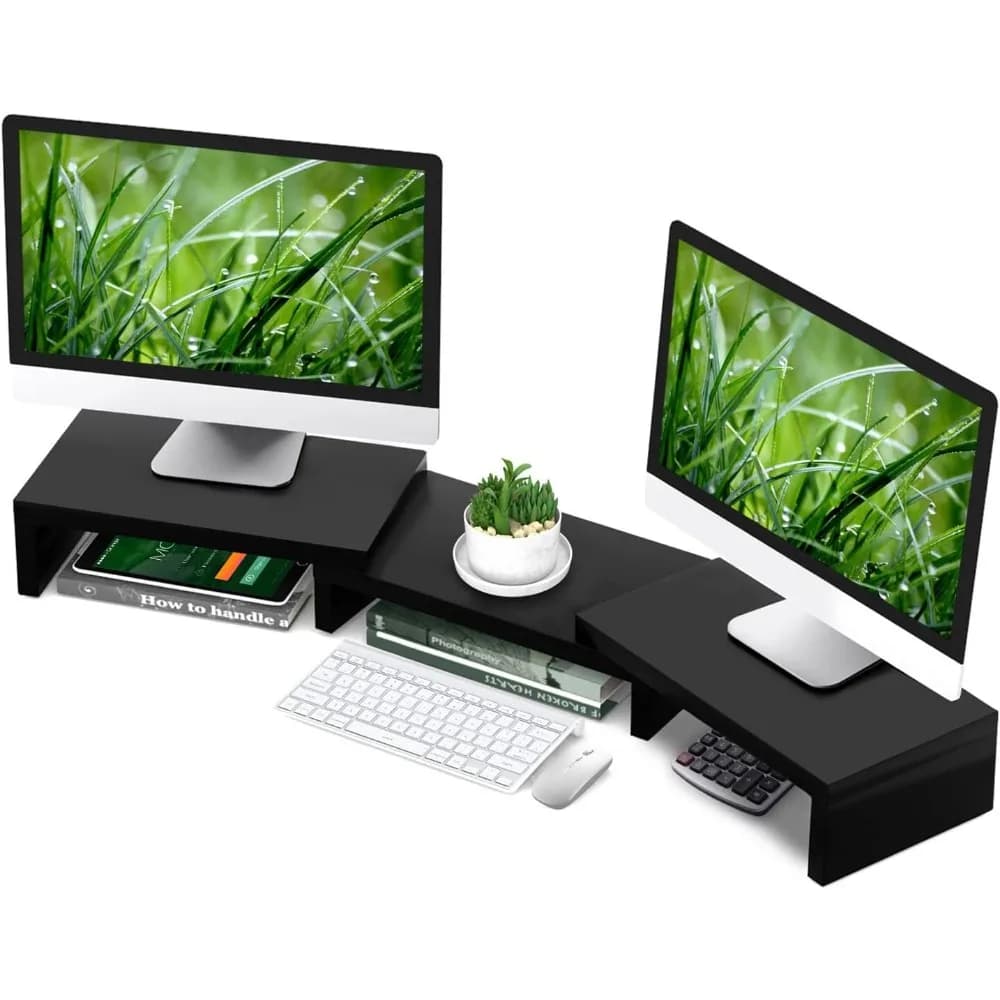 Support for double monitor adjustable with 3 shelves, suitable up to 43.3" for office or home use, black