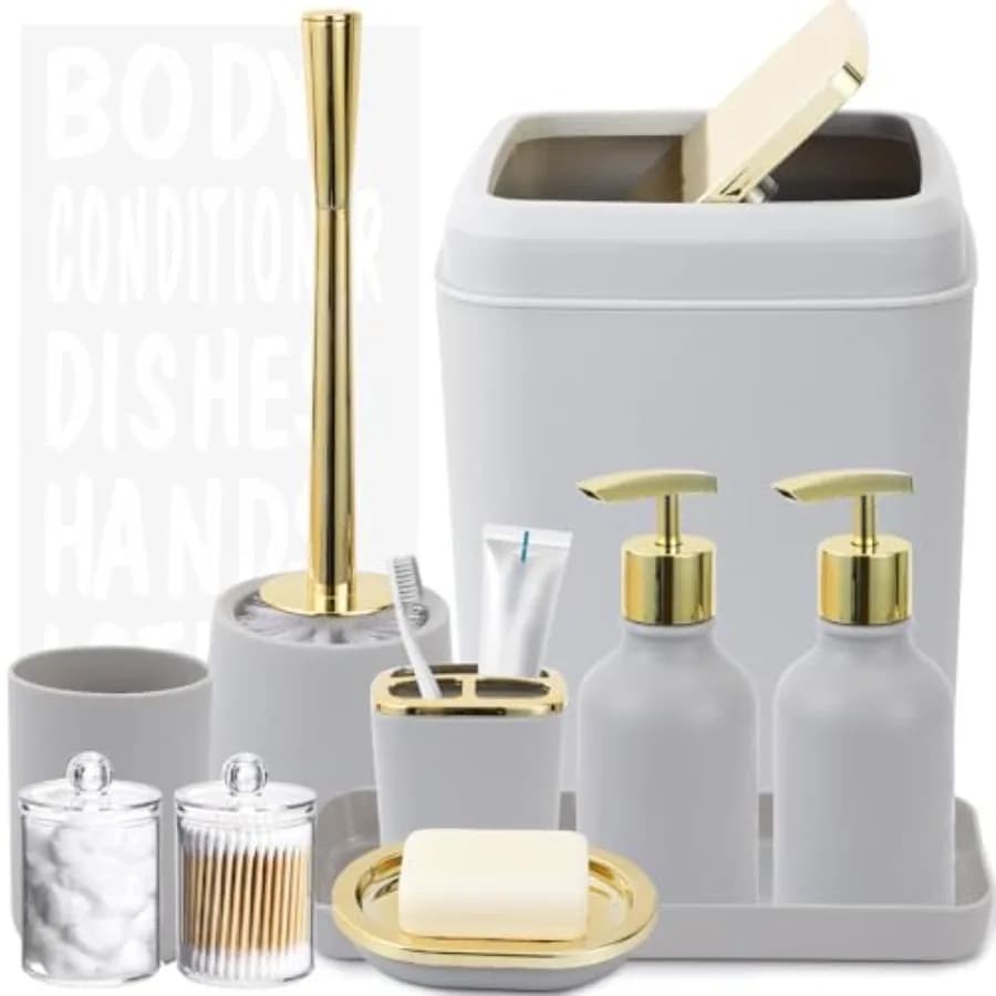 Set di Accessori Dorati - 10 Pezzi con Cestino, Spazzola WC, Dispenser Sapone, Porta Spazzolino, Porta Bicchiere, Porta Sapone e Porta Q-tip