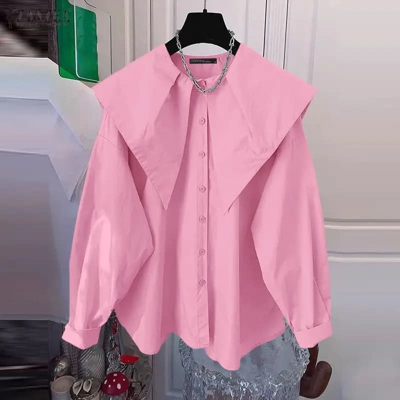 Camicia da donna ZANZEA a maniche lunghe in stile vintage francese, elegante con colletto alla marinara, oversize, moda primaverile, tinta unita.