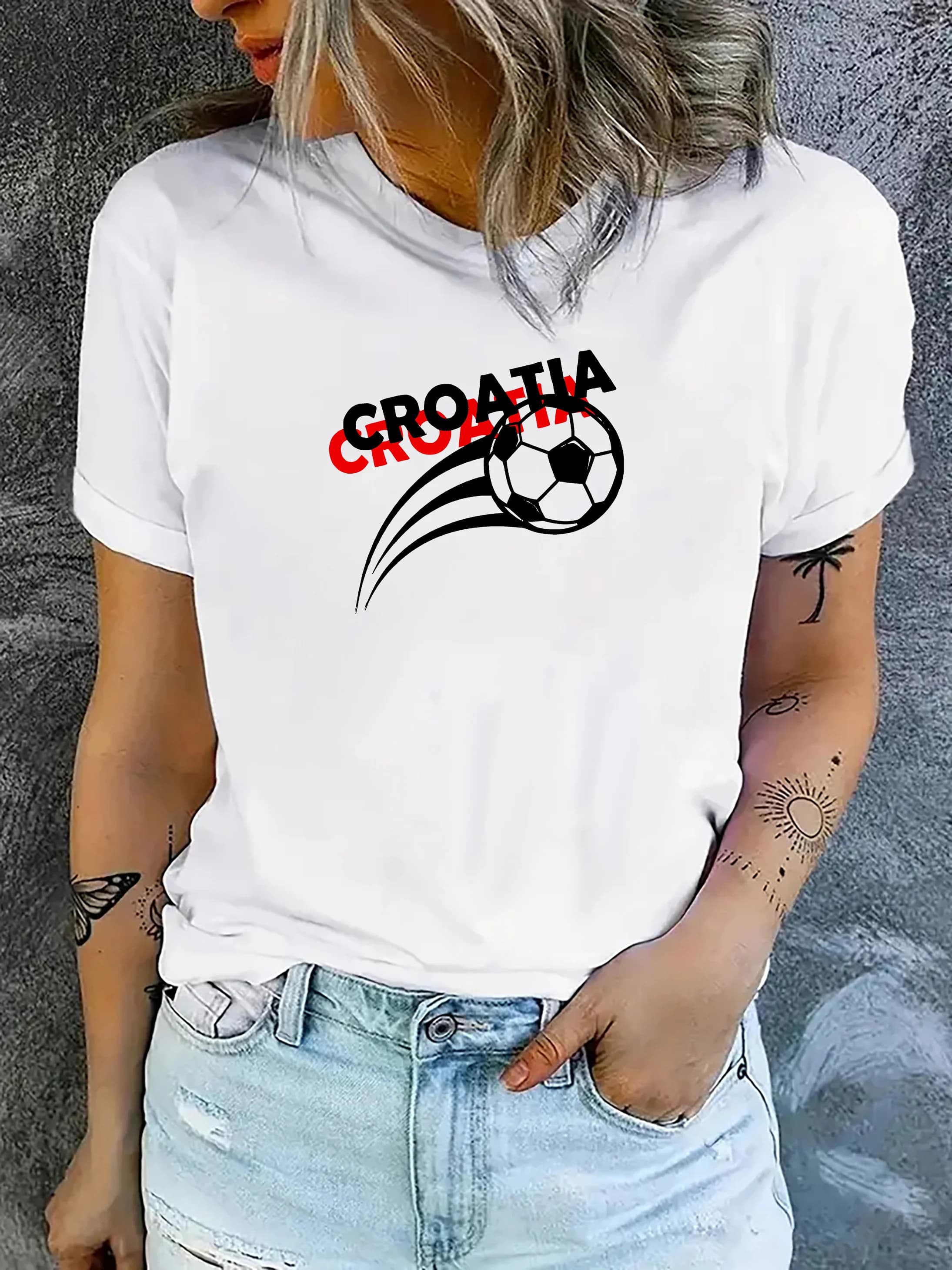 T-shirt sportiva versatile da donna con stampa calcio Coppa Europea