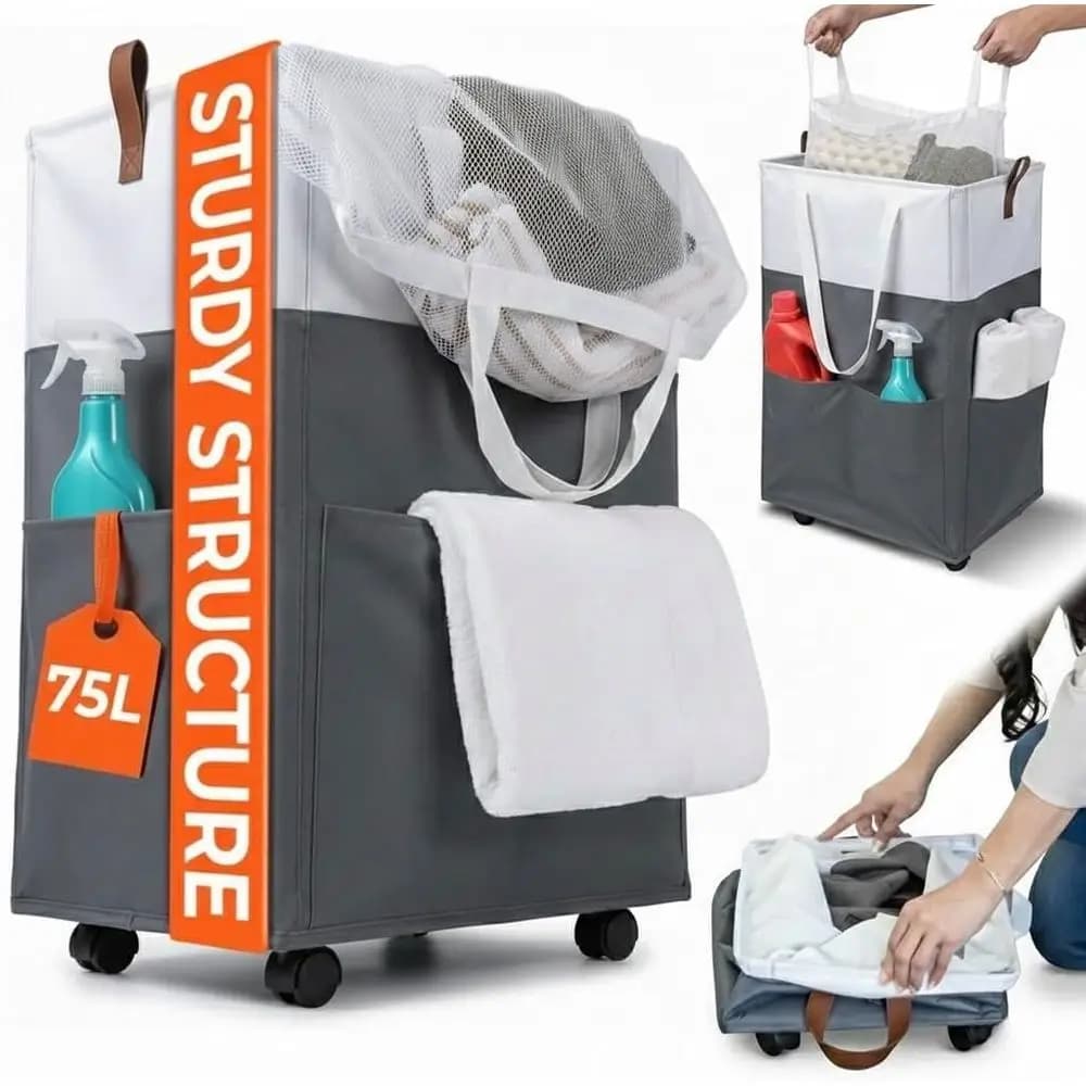 Cesto Portabiancheria Portatile da 75L in Tessuto, Sottile, con Ruote, Borsa Rimovibile e Tasche Laterali per Casa, Dormitorio, Bagno