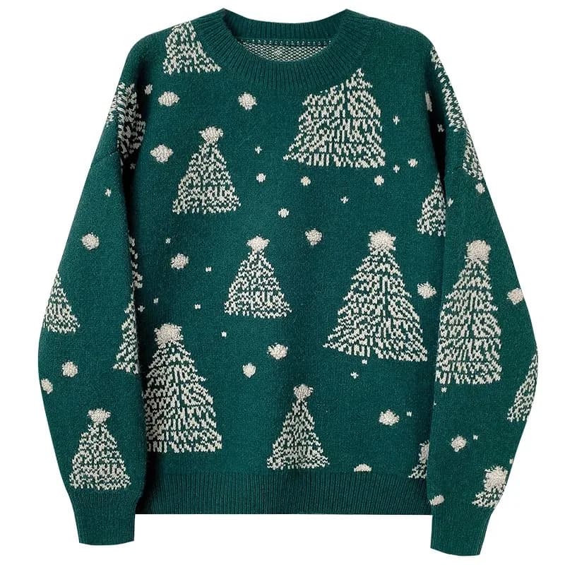 Christmas Green Knitted Sweater for Women Winter New Korean Style Lazy Style Long Sleeve High Quality Pullover Casual Loose Tops