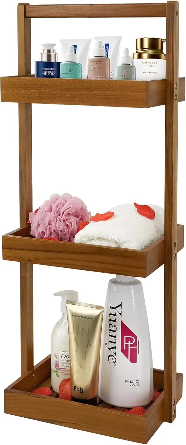 Organizzatore angolare per doccia a 3 livelli in teak con maniglia, mensola in legno per bagno e cucina