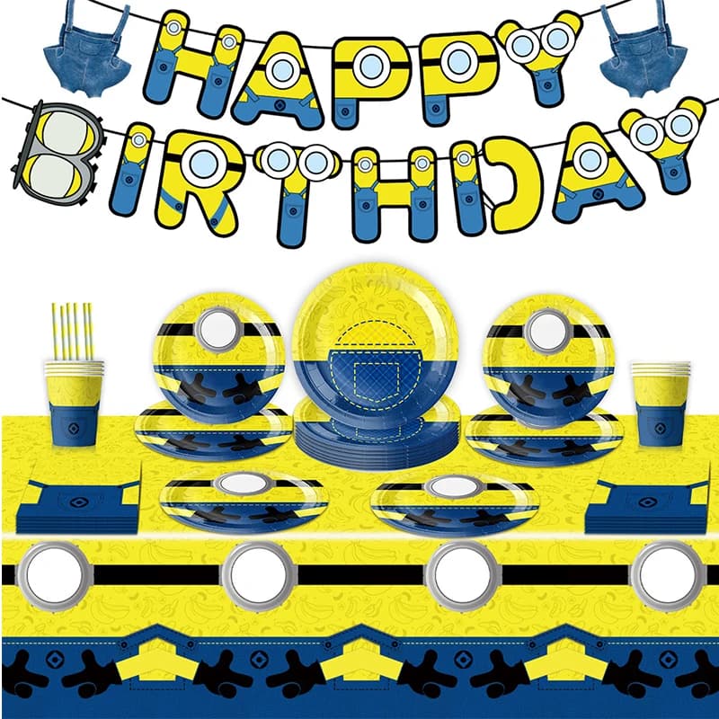 Miniones Plate Cup Kit Gift Bag Tablecloth Yellow Jeans Backdrop Kids Happy Birthday Party Decoration Baby Shower Favors