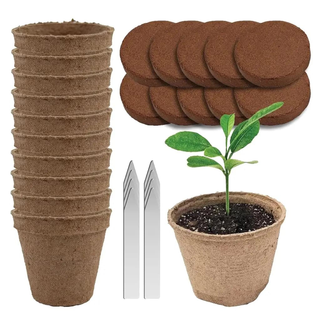 Kit di Avvio per Semenzai: Tazze per Germinazione e Terriccio (Confezione da 10), Vasi in Torba Biodegradabile, Dischi di Terriccio in Cocco, Marcatori per Piante