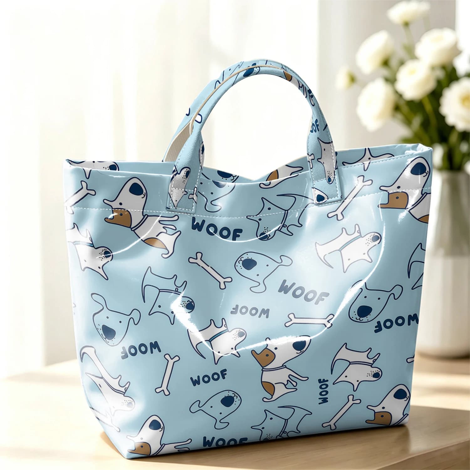 Cartoon Dog Bone Fashion Large Glossy PVC Tote Bag Hand Washable Waterproof Perfect Travel Commute Cosmetic Storage Shopper