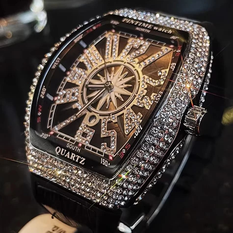 Orologio di lusso di marca premium con diamanti, orologio nero con intarsi di diamanti digitali, luce notturna, orologio da polso al quarzo da uomo, stile hip hop, regalo per uomo