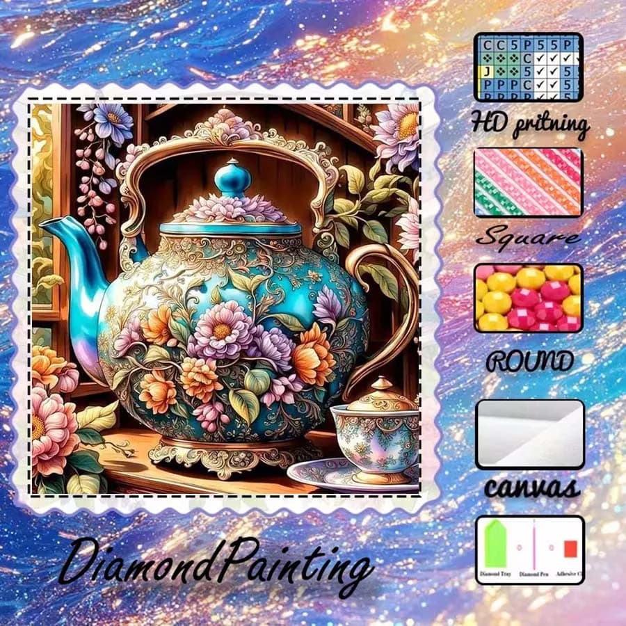 1 pezzo di tessuto floccato 5D fai da te, trapano speciale, kit per pittura con diamanti, teiera, fiore, mosaico con motivi, arte con diamanti
