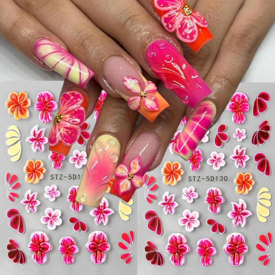 Adesivi per unghie 5D con petali di fiori rosa in rilievo, decorazioni autoadesive incise per unghie, per donne e fai da te