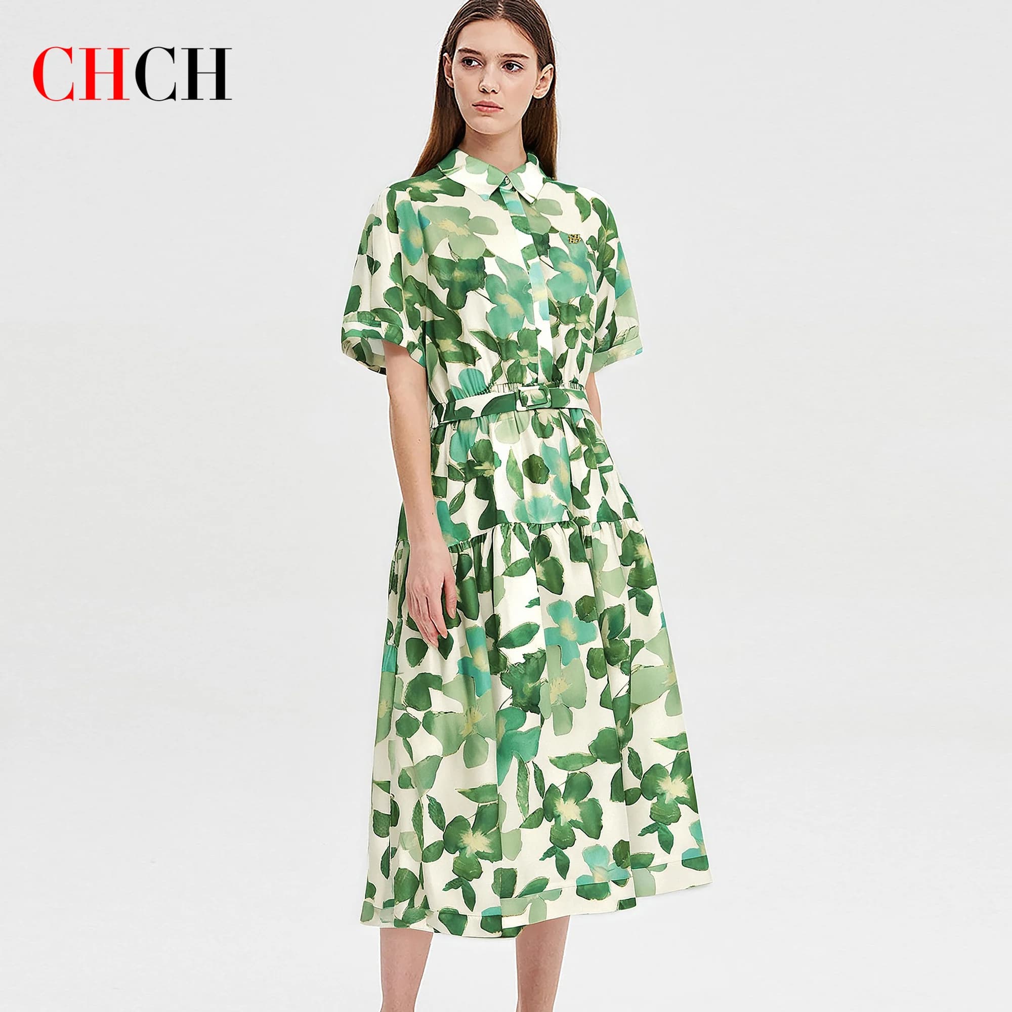 Women's Dress CHCH New Long Dress Printed Green Flowers With Belt