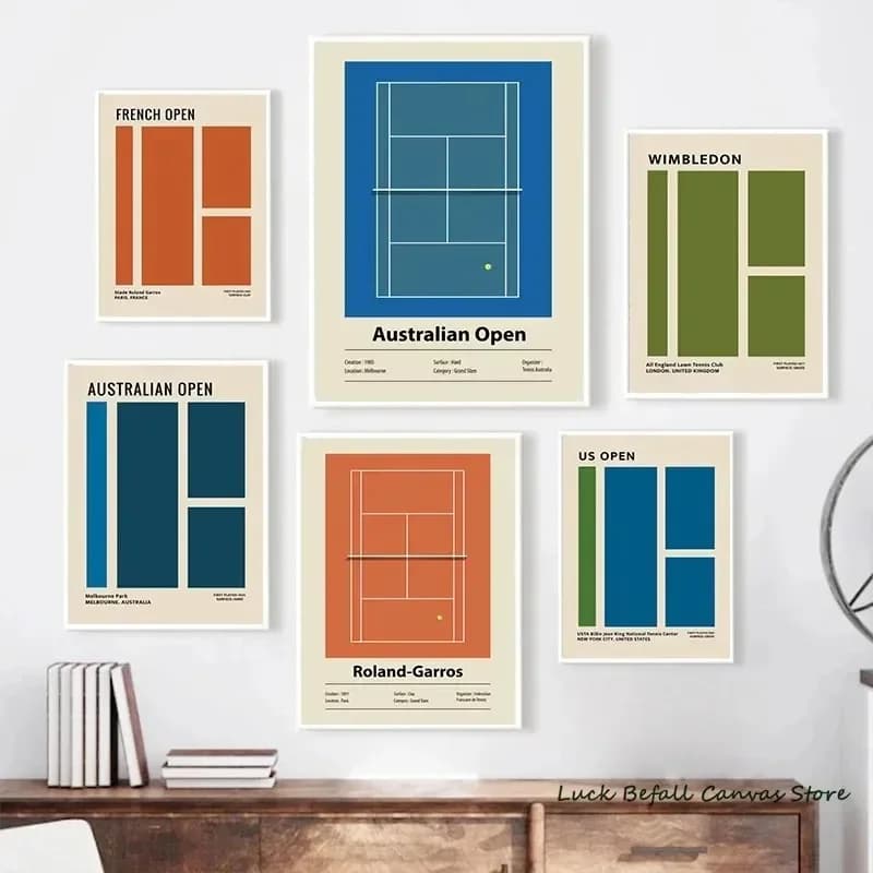 Poster Minimalisti dei Grand Slam di Tennis, Australian Open e US Open, Arte Murale con Palline Sportive, Dipinti su Tela per Arredamento Moderno del Soggiorno