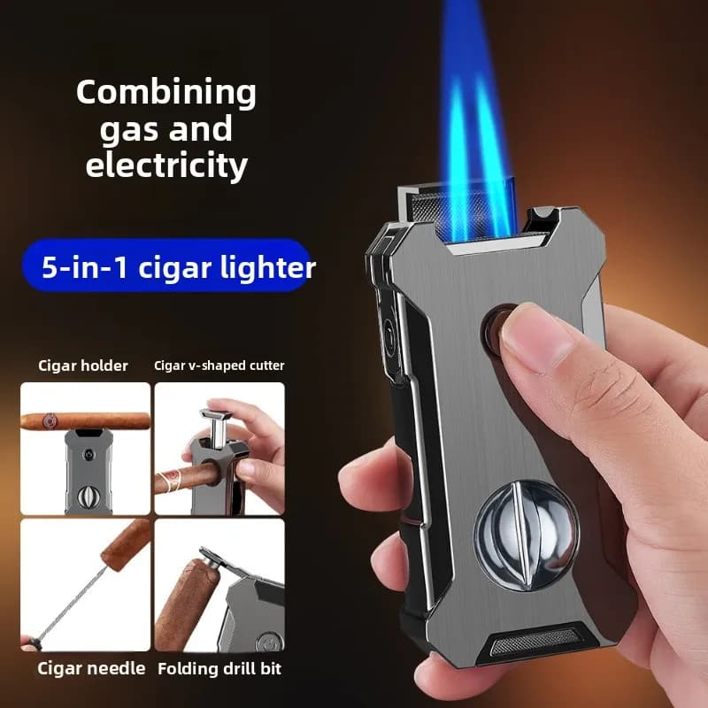 Cigar-specific Double-fire Lighter Integrated Portable Multi-function Five-in-one Gas Electric Lighter, High-end Gift for Men