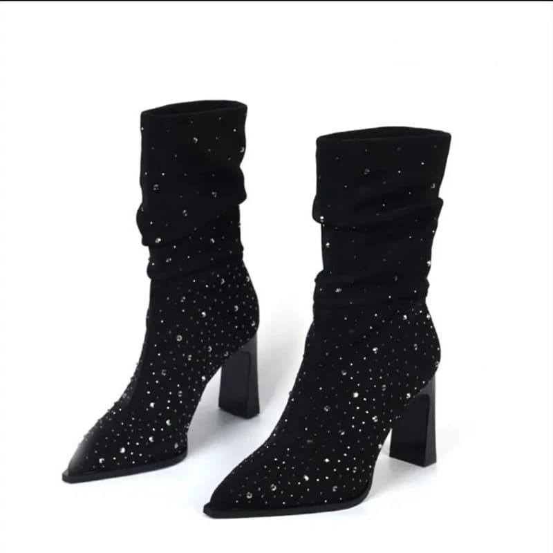 Stivali da donna alla moda con tacco grosso, nuovi arrivi autunnali, in camoscio a punta, con paillettes e plissettature, stivali a punta con tacco a blocco