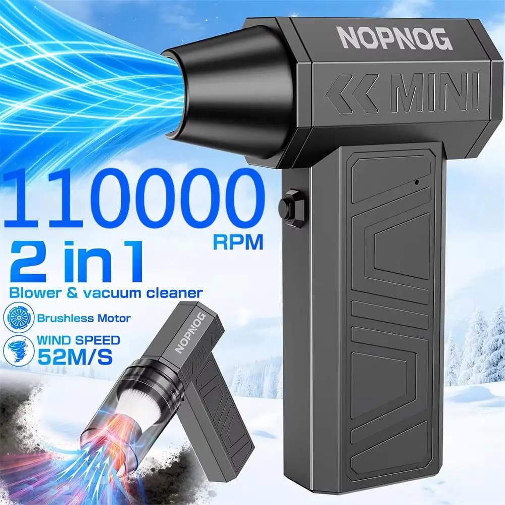 Compressore d'Aria Portatile 130000rpm con Funzione Soffiante/Aspirante, Aspirapolvere per Auto, Gonfiatore da Campeggio con Multi Ugelli