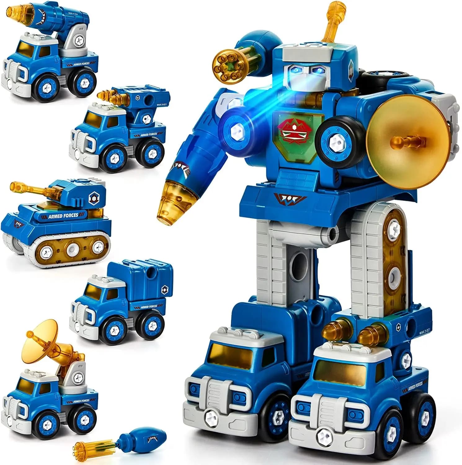Set di Costruzioni Robot Trasformabile 5-in-1 per Bambini 5-8 Anni, Giocattolo Educativo STEM con Cacciavite, Luci e Suoni