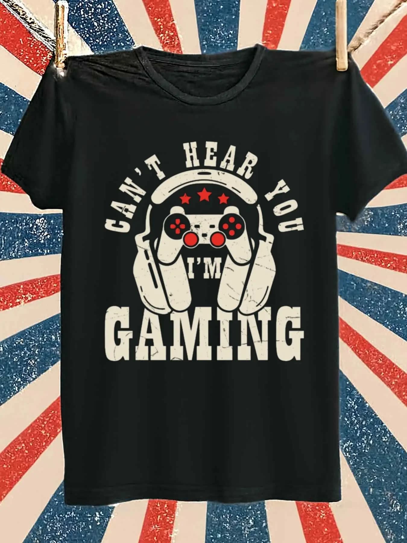 Funny Men's Black Graphic T-Shirt Gaming Controller Headset Can'T Hear You I'M Gaming Distressed Slogan Print 100% Cotton Heavyweight Short Sleeve Casual Streetwear Tee