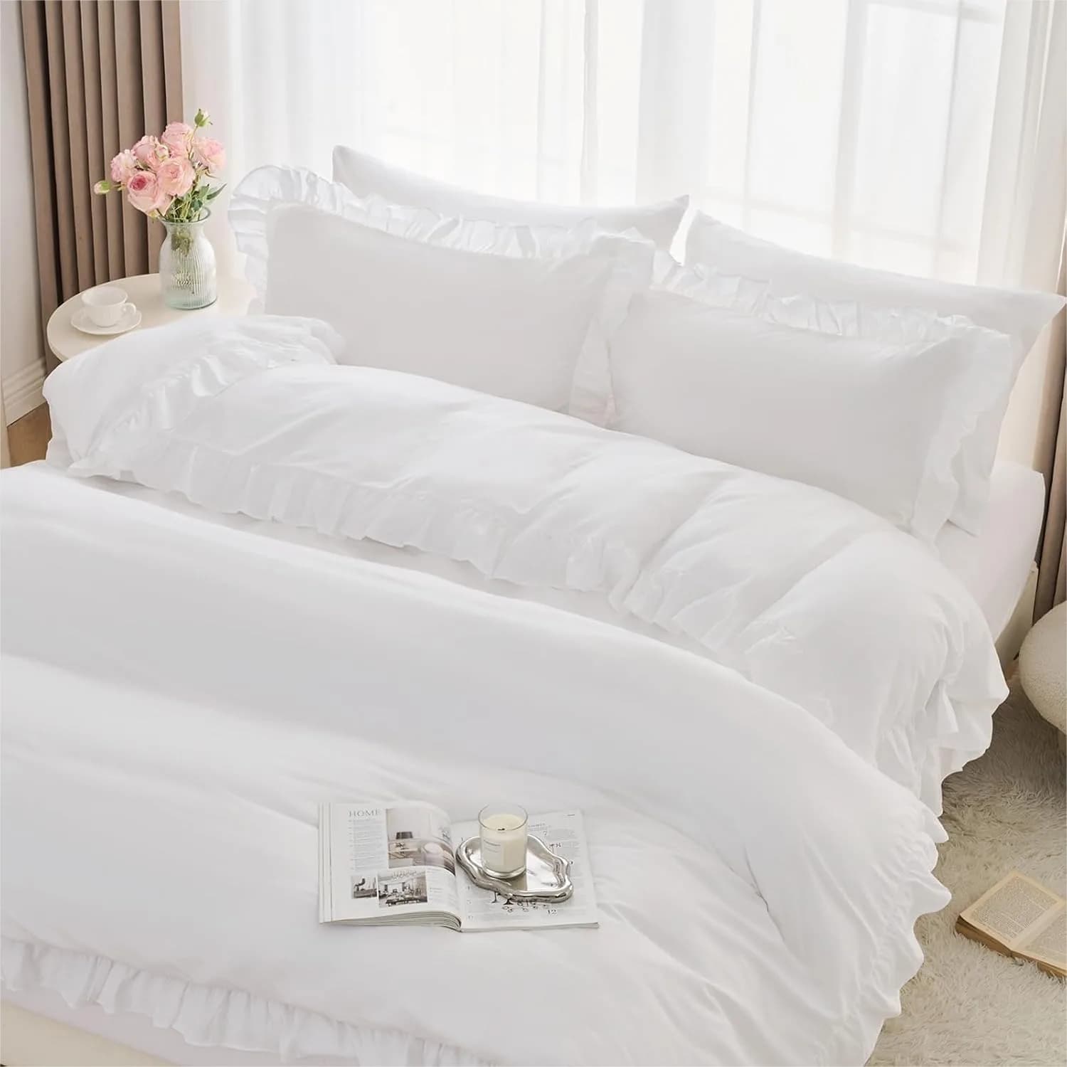 5 Pcs White Ruffle Duvet Cover Full Size Soft Microfiber Shabby Chic Bedding Set with Zipper Closure & Corner Ties