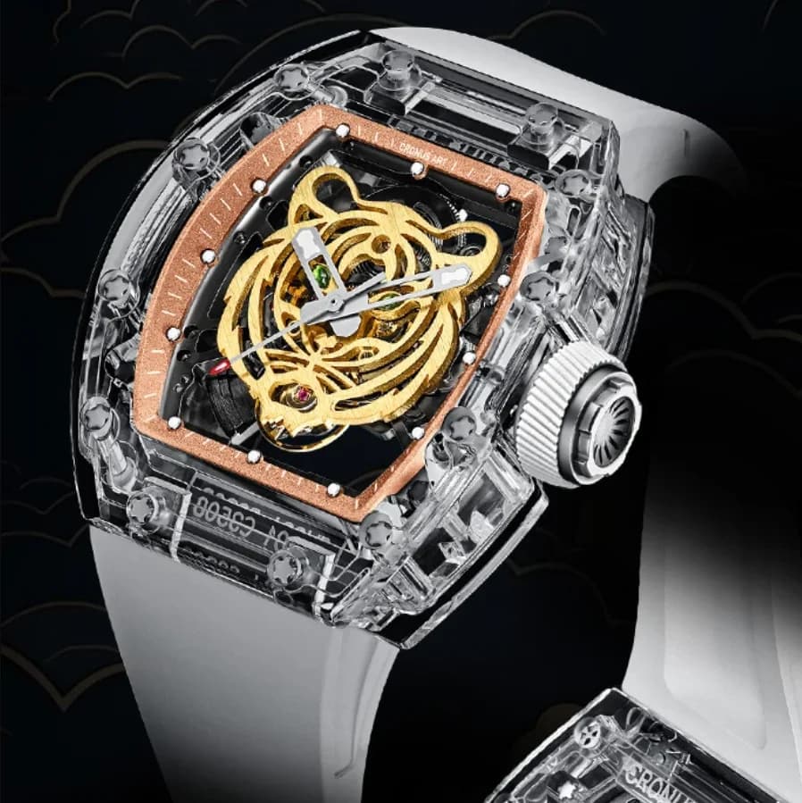 CRONUSART Men Automatic Watch 50mm Tonneau Acrylic Case Mechanical Wristwatch Luminous Transparent Skeleton Tiger Dial