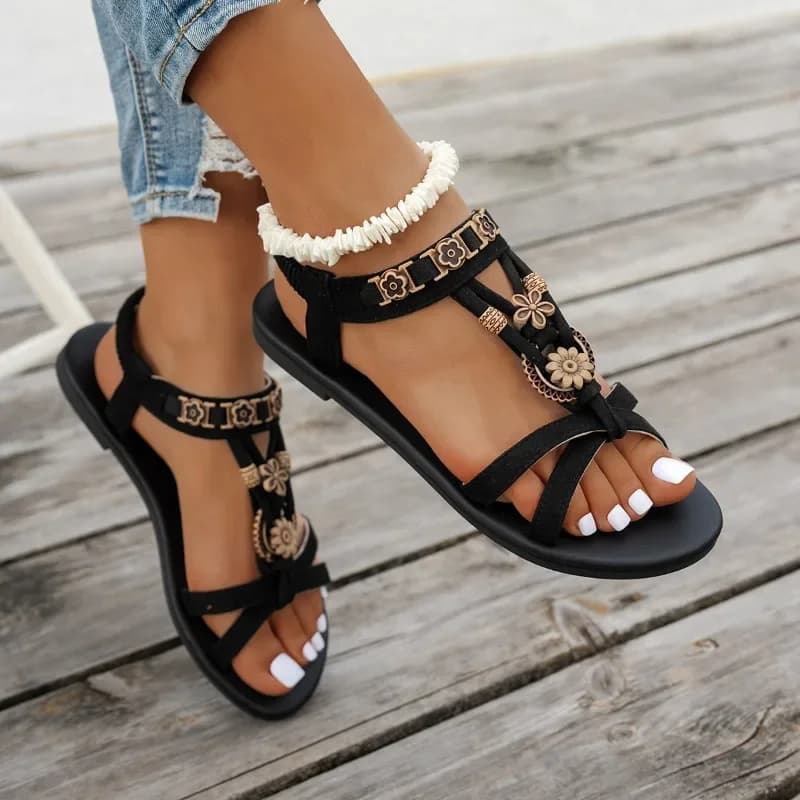Sandali Bohemien con Perline Floreali da Donna, Stile Romano, Comodi e Piatti, Leggeri e Antiscivolo, Scarpe da Spiaggia Estive 2025