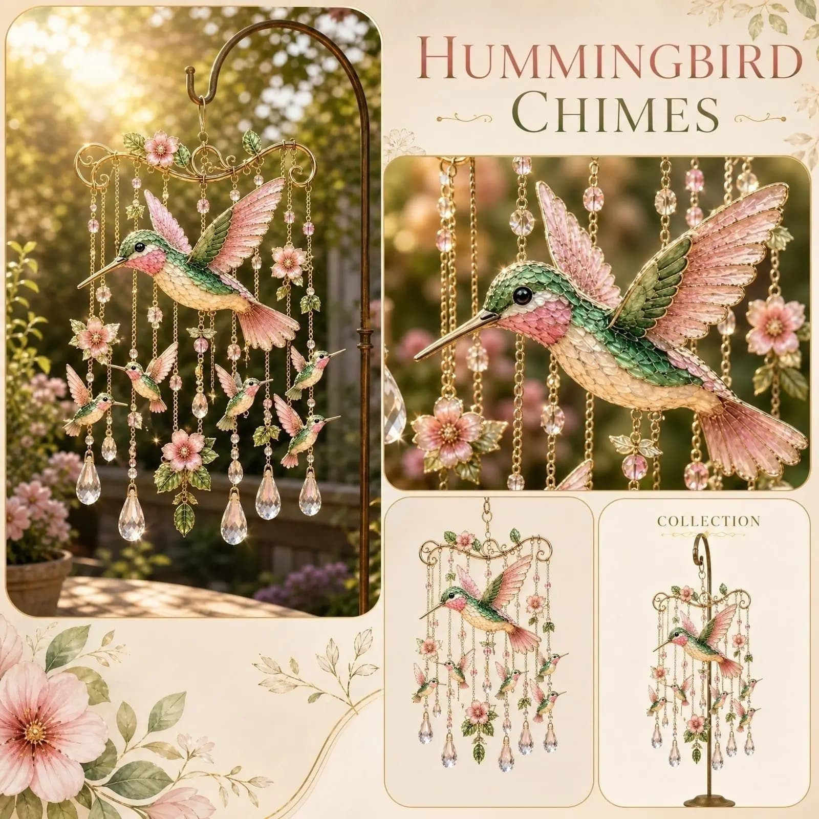 New Wind Chime Pendant Pink Hummingbird Wind Chimes Home Hanging Decoration Unique Ornament Crafts Outdoor Garden Decor