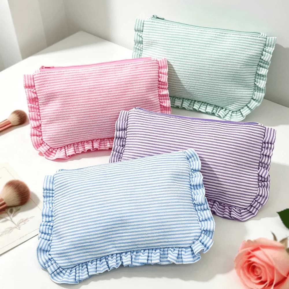 Stylish Ruffled Seersucker Makeup Bag Large Capacity Striped Cosmetic Pouch Portable Hand Clutch, Lightweight Wash Storage Bag