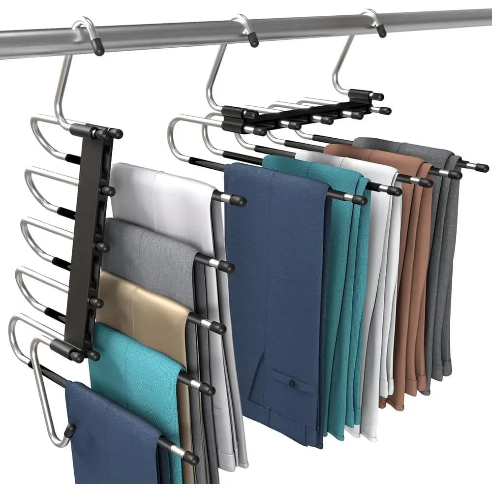 Space Saving 2 Pack Black Collapsible Hangers | Collapsible Hangers with Clips for Pants, Jeans, Skirts, S-Type Stainless Steel