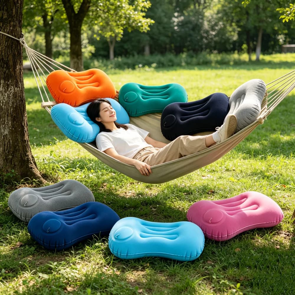 1pcPortable Self-Inflating Travel Pillow Soft Flocked Inflatable Neck Pillow for Airplane Camping, Ergonomic Head Support Pillow