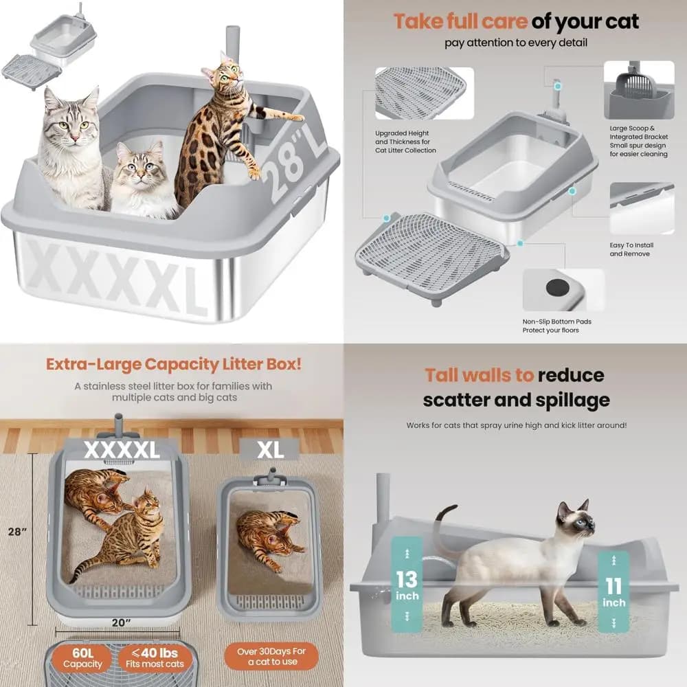 Lettiera per gatti extra large in acciaio inossidabile con lati alti per gatti grandi e gatti multipli, 28x20x13 pollici, gradino per lettiera inclusa