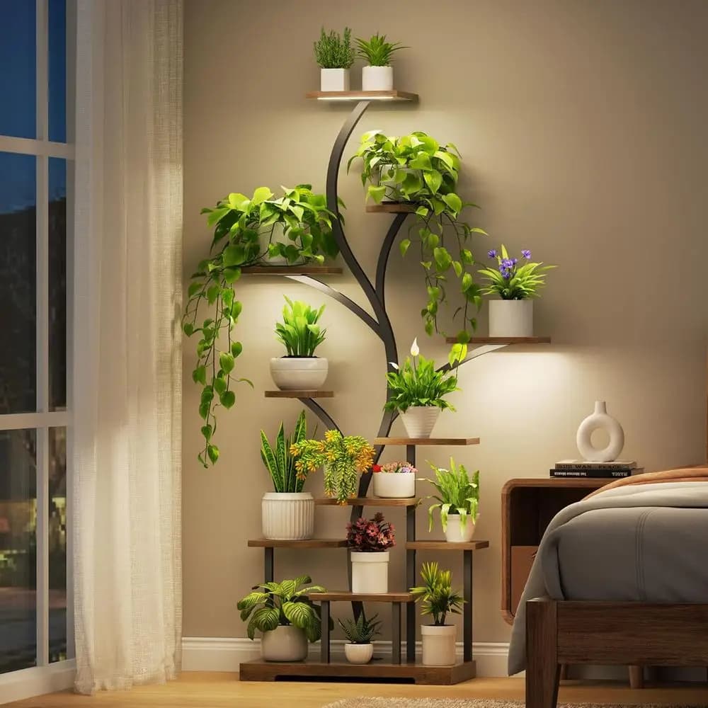 Scaffale per Piante in Metallo a 11 Livelli con Luci LED, Scaffalatura Alta da Interno per 15-18 Vasi Grandi - Ideale per Soggiorni, Camere da Letto e