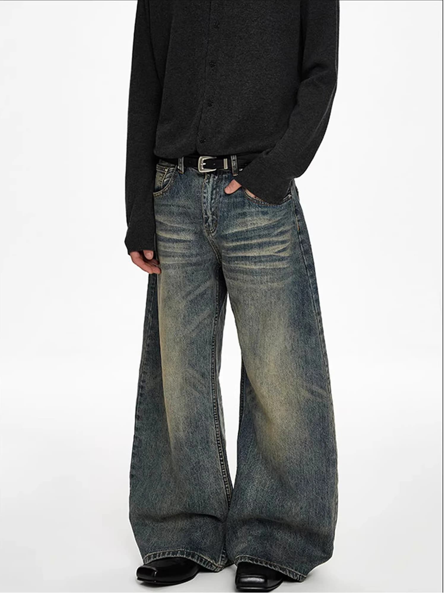 Retro American Washed Bamboo Pattern Men's Jeans Loose Knife Wide Leg Long Trousers Cool Casual Jeans for Men