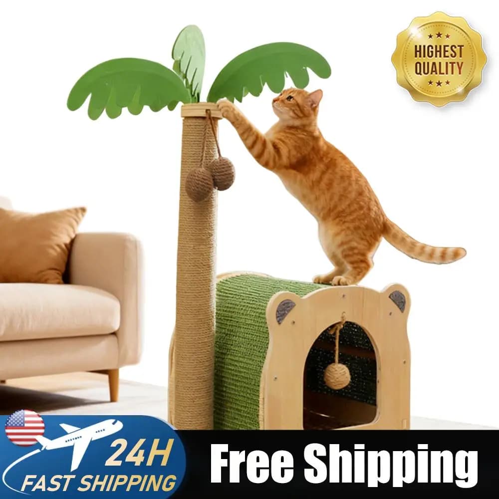 Tiragraffi in Legno a Forma di Albero di Cocco con Palline Appese e Pali in Sisal per Gattini e Gatti