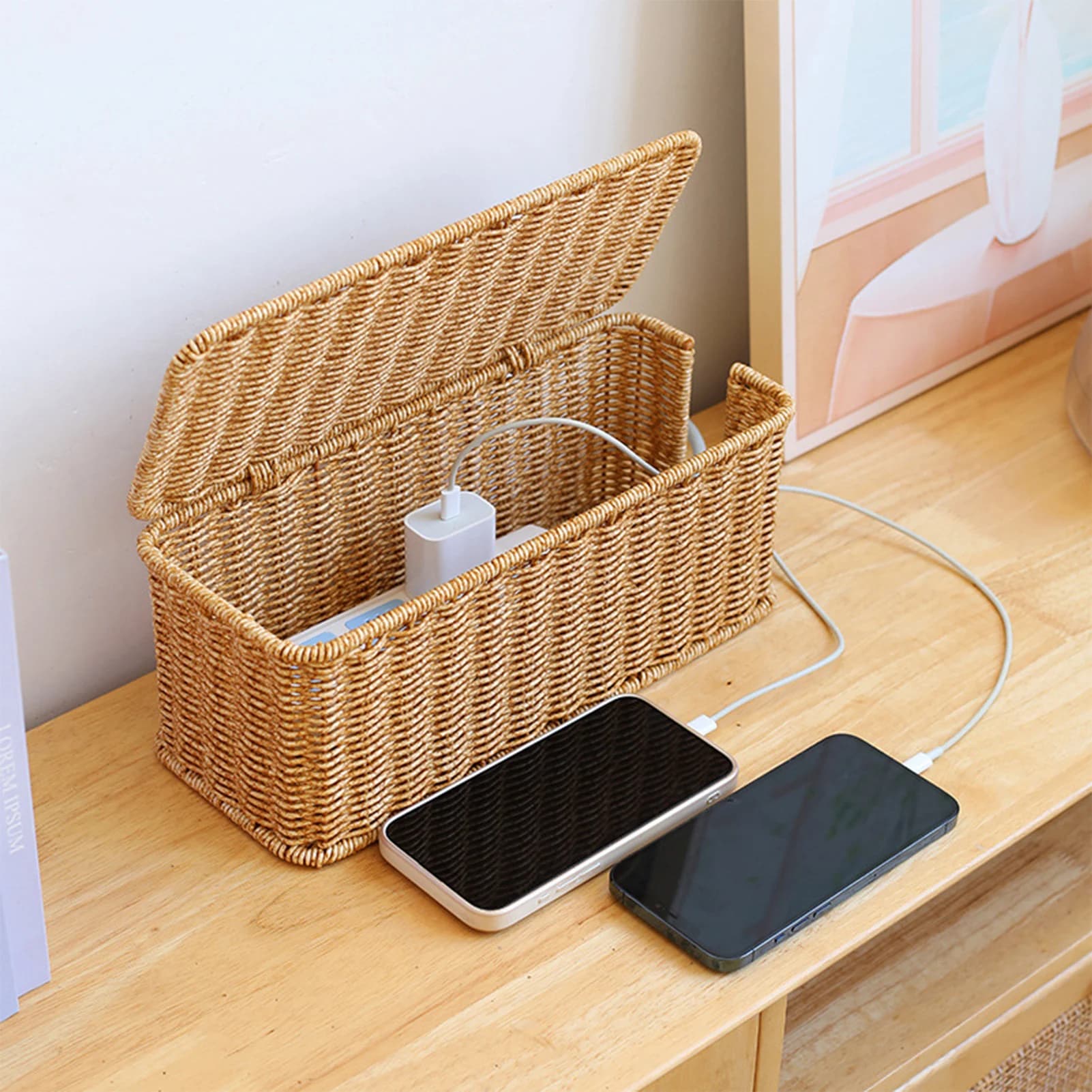 Hand-Woven Rattan Cable Organizer Box - Durable Imitation Vine Material, Multi-Compartment Storage for Power Cords, Data Cables