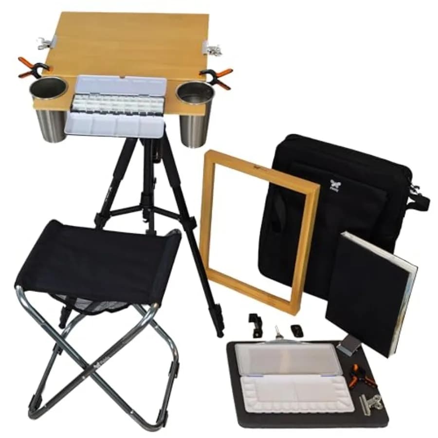 Set Cavalletto per Acquerello da Esterno Portatile, Sistema Cavalletto per Acquerello Plein Air con Ergonomia Simile a Quella da Studio, Treppiede e Porta Pannelli Umidi