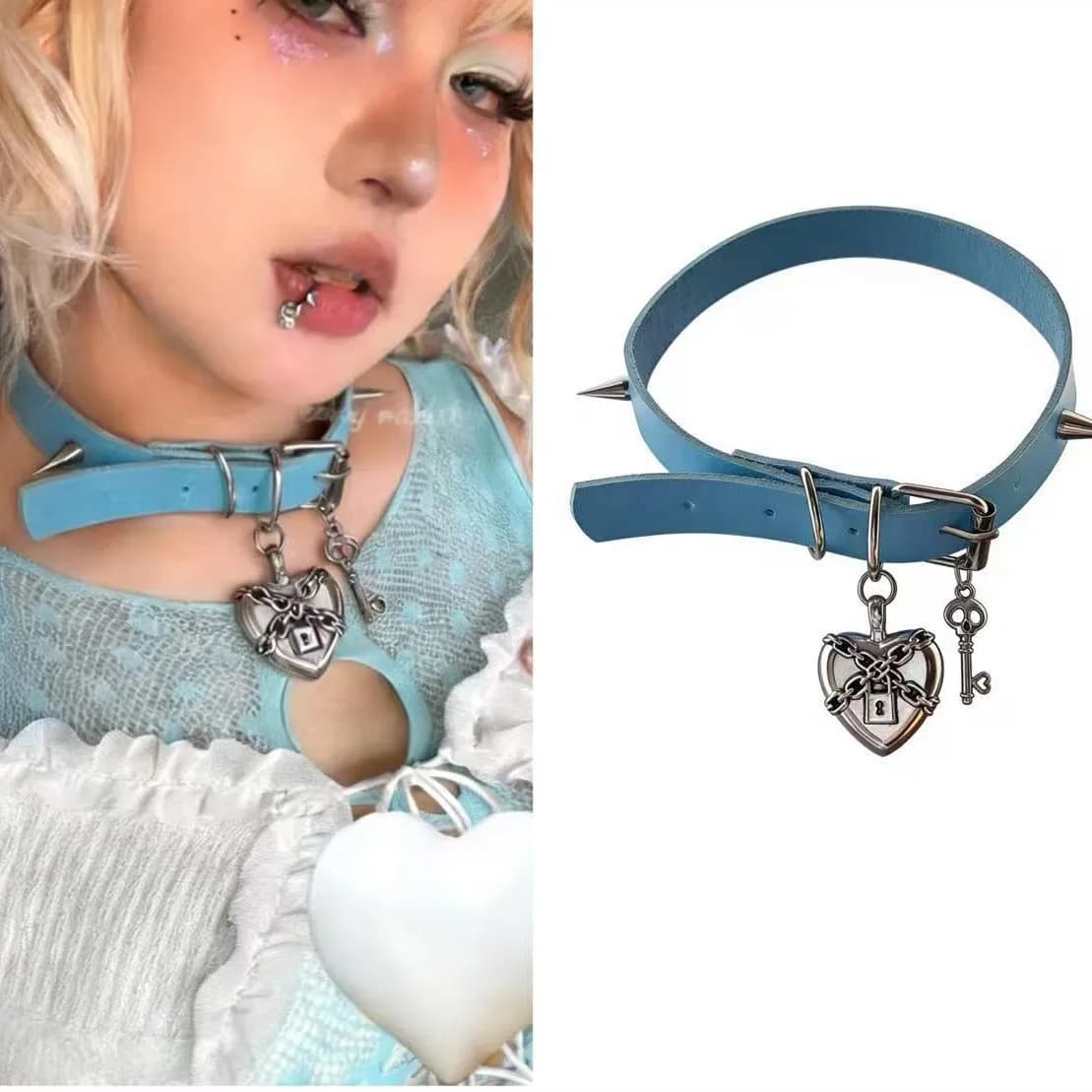 Collana con catena in lega e rivetti, design punk gotico, stile dolce e cool, con lucchetto a cuore blu lago, in pelle, dallo stile distintivo.