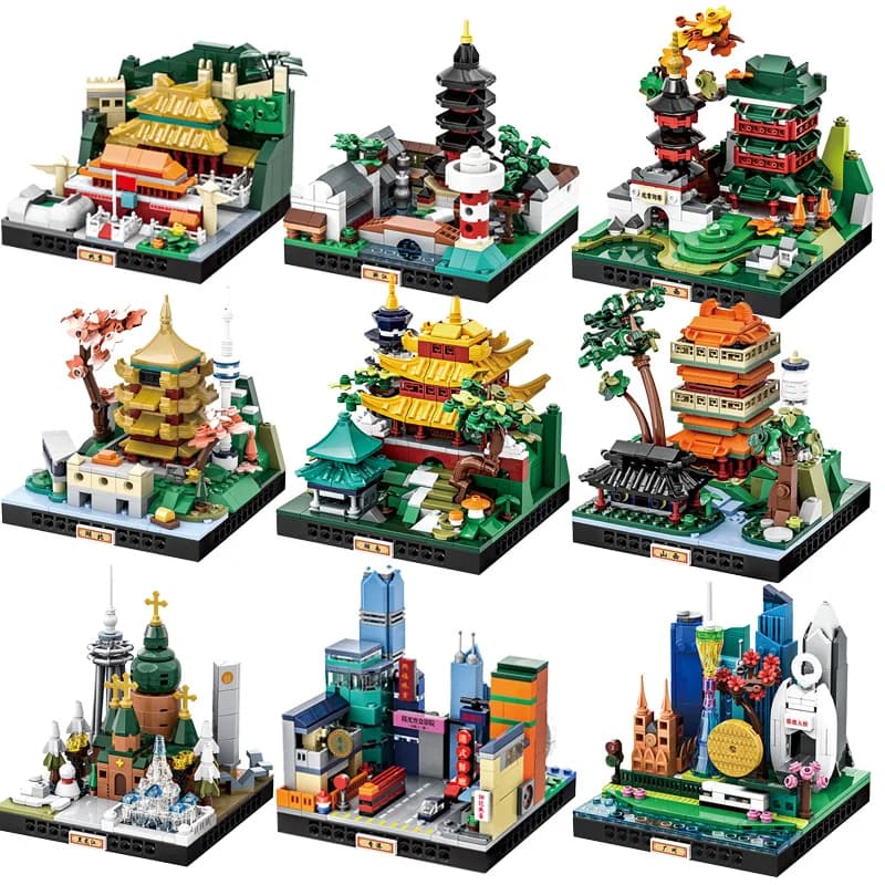 Modellini di varie aree sceniche architettoniche urbane, blocchi da costruzione, mattoncini giocattolo, regalo per gli appassionati di viaggi