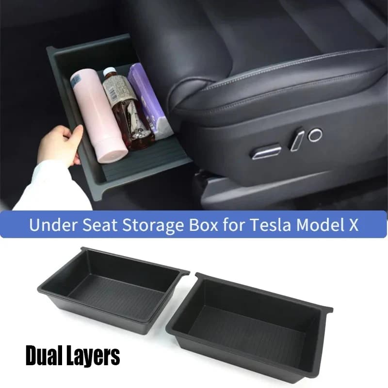Scatola portaoggetti sotto il sedile per Tesla Model X 2023-2024, organizer in TPE+ABS a doppio strato, vassoio sotto il sedile, accessori interni