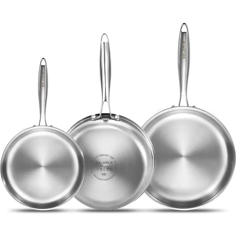 Set di Padelle in Acciaio Inox Tri-Ply, 8/10/12, Utensili da Cucina con Calore Uniforme e Manici Ergonomici, Compatibili con Tutti i Tipi di Fornelli