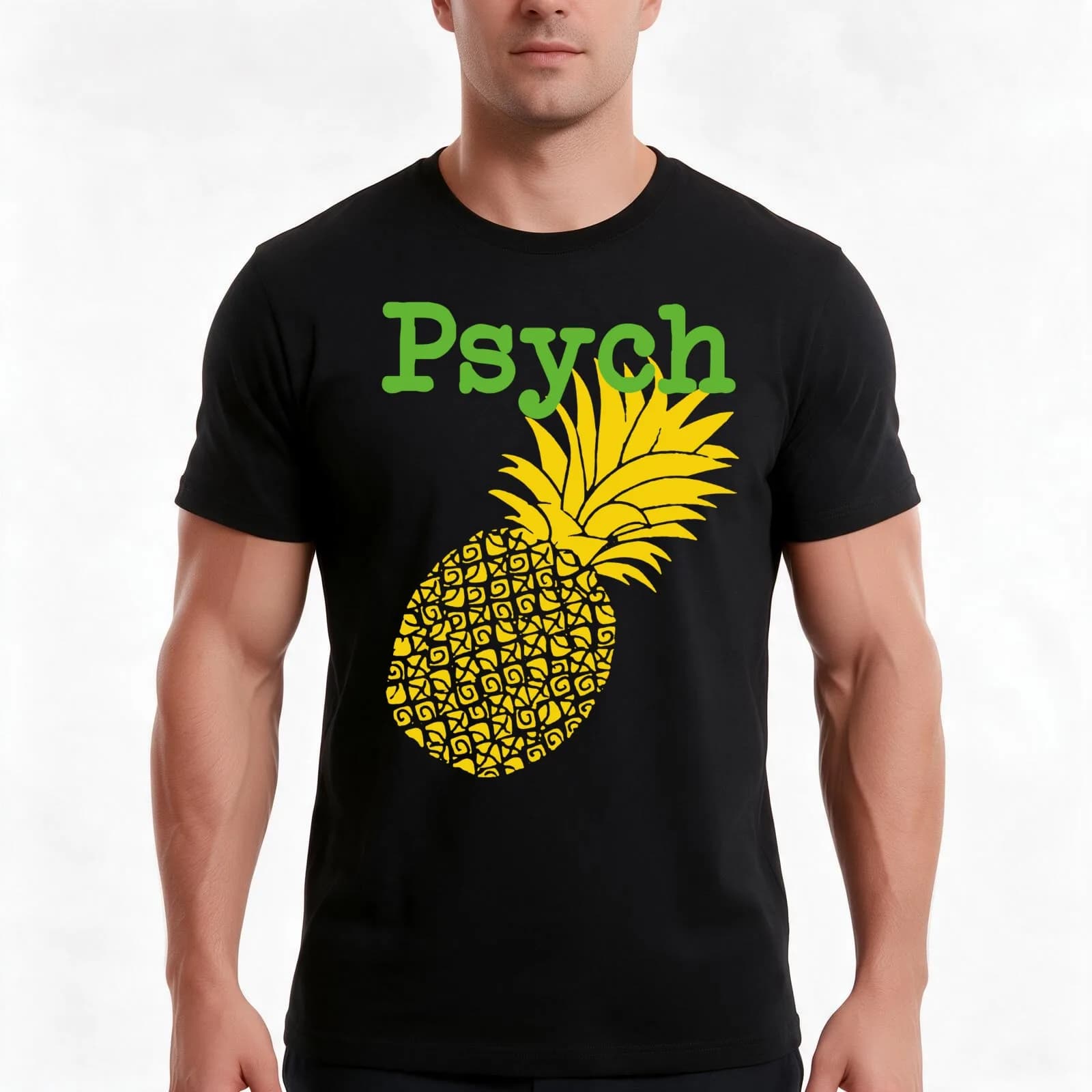 Minimalist Psych TV Show Pop Culture Lime Yellow Fun Green Pineapple T-Shirt, Summer Casual Cotton Tee, Vintage Graphic Print