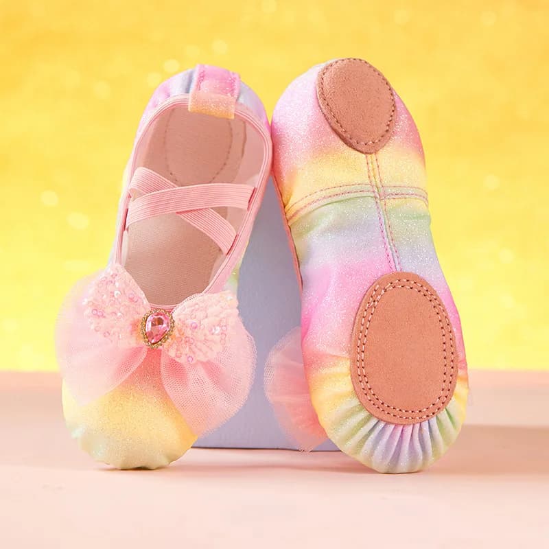 Scarpe da ballo per bambini Ballerine per ragazze Scarpe con fiocco arcobaleno Paillettes Pelle con suola morbida Performance di danza Skate Sport Scarpe da yoga