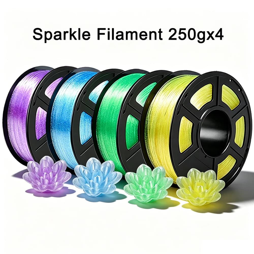 PLA Filament Transparent Crystal Sparkle 3D Printer Filament,250gx4 Transparent Glitter Green yellow purple blue 3D Printing Filament 1.75 mm Dimensional Accuracy +/- 0.02mm, Crystal Sparkle Clear Filament 250gx4 Fit Most 3D Printers