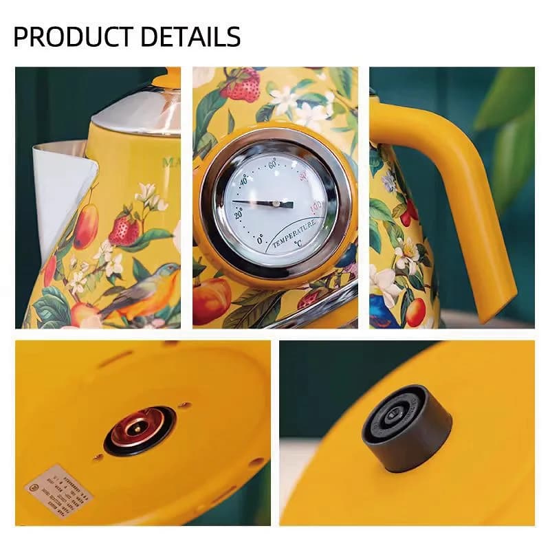 1.7L Retro Yellow Decal Electrc Kettle Boiling Water Home With Thermometer Automatic Power Off 304 stainless Steel Teapot 1850W