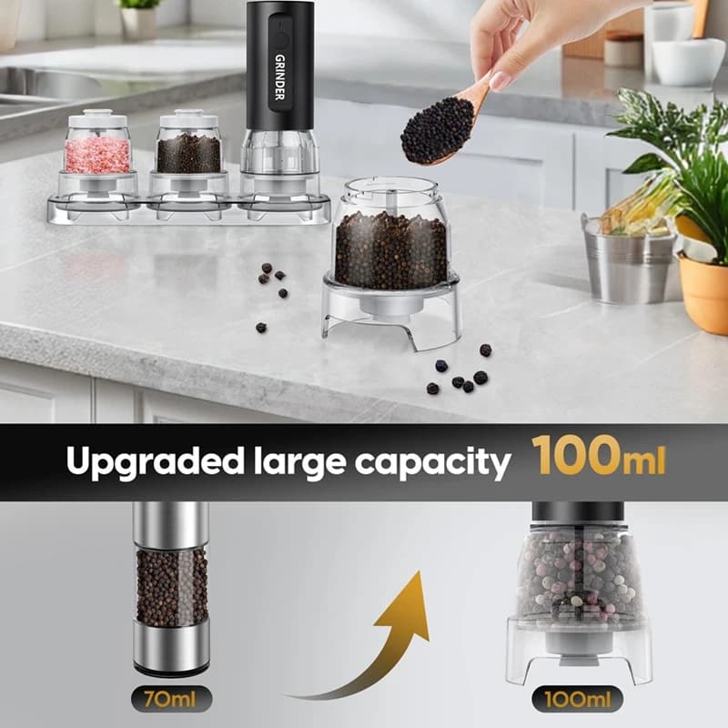 Set macina sale e pepe automatico ricaricabile - Barattoli di spezie 2x100ML, batteria da 60 giorni, 5 impostazioni di macinazione, NewHome Gift-A68X