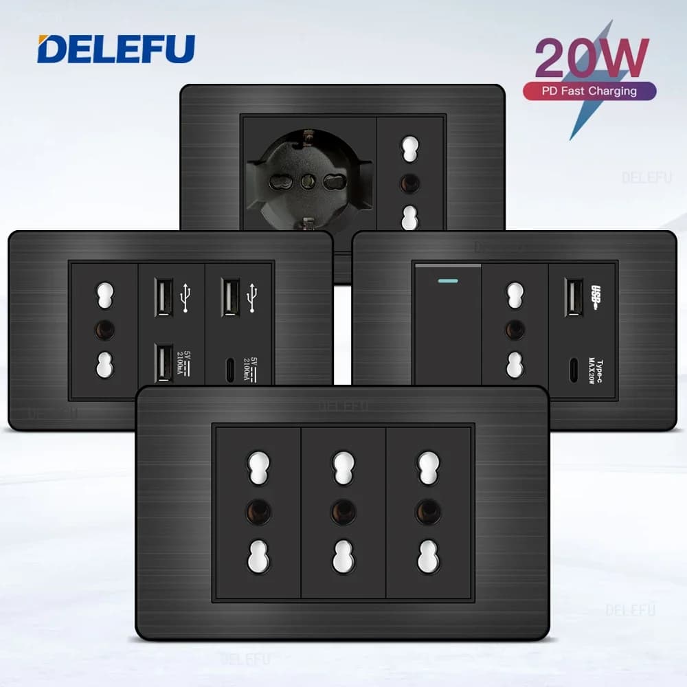 DELEFU Acciaio Inossidabile Nero Italia Cile USB TypeC Presa di Ricarica Veloce Schuko Tuya Wifi Smart Switch Sat TV Tel Campanello Tenda