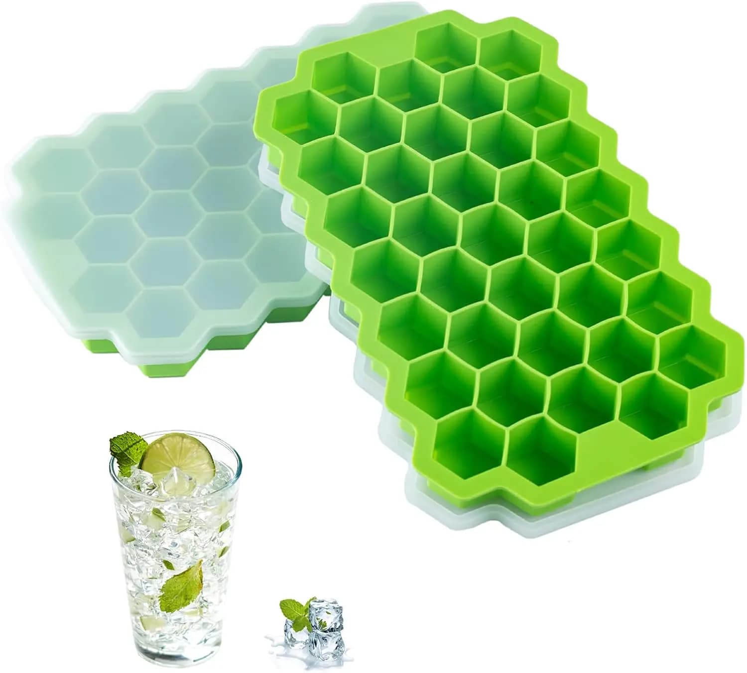 Stampo per ghiaccio esagonale da 1 pezzo: vassoio in silicone con 37 scomparti e coperchio sigillante. Dispositivo Sicuro e Riutilizzabile per la Preparazione di Whisky, Alimenti, Cocktail e Bevande