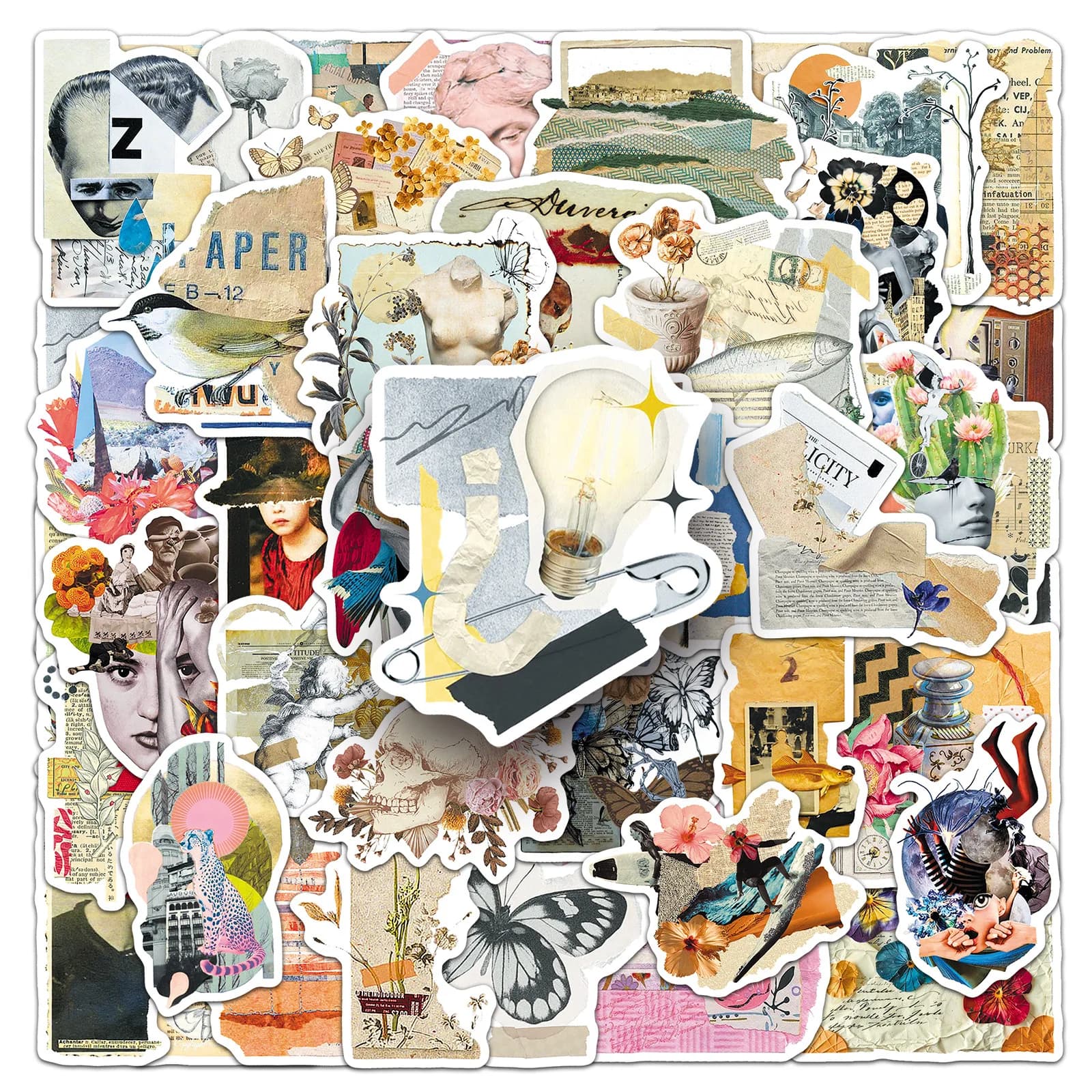 50PCS Vintage Art Collage Art Stickers Aesthetic Newspaper Scrap Waterproof Decals for Laptop Luggage Scrapbook Water Bottle