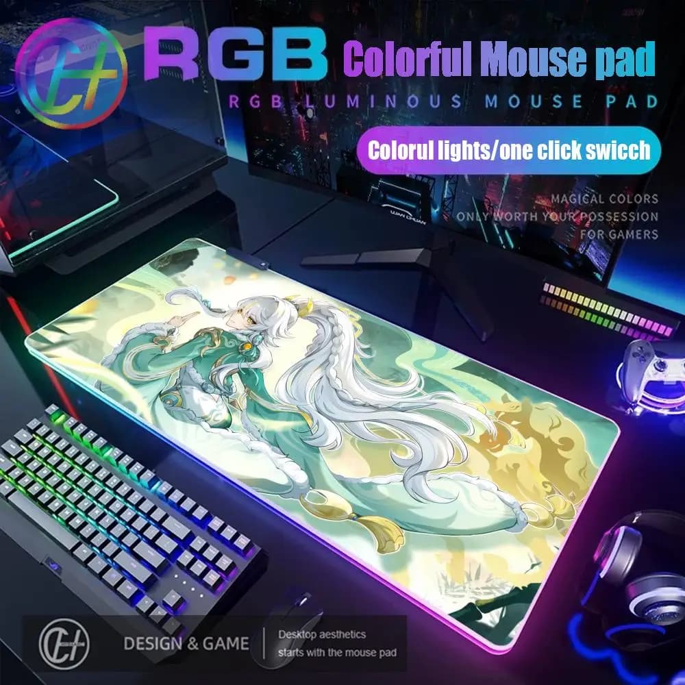 HYBXAXC Tappetino Mouse RGB 100X50cm Zibai Genshin Impact, Tappetino da Scrivania per Gaming HD, Grande Tappetino Mouse XXL con Illuminazione LED